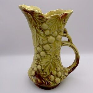 Vintage McCoy Ceramic Pitcher, Yellowish-Green, Brown Accents, Grapevine Pattern